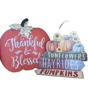 Fall Thankful & Blessed Sunflowers Pumpkins hayrides Hanging wood-#2 signs NWT